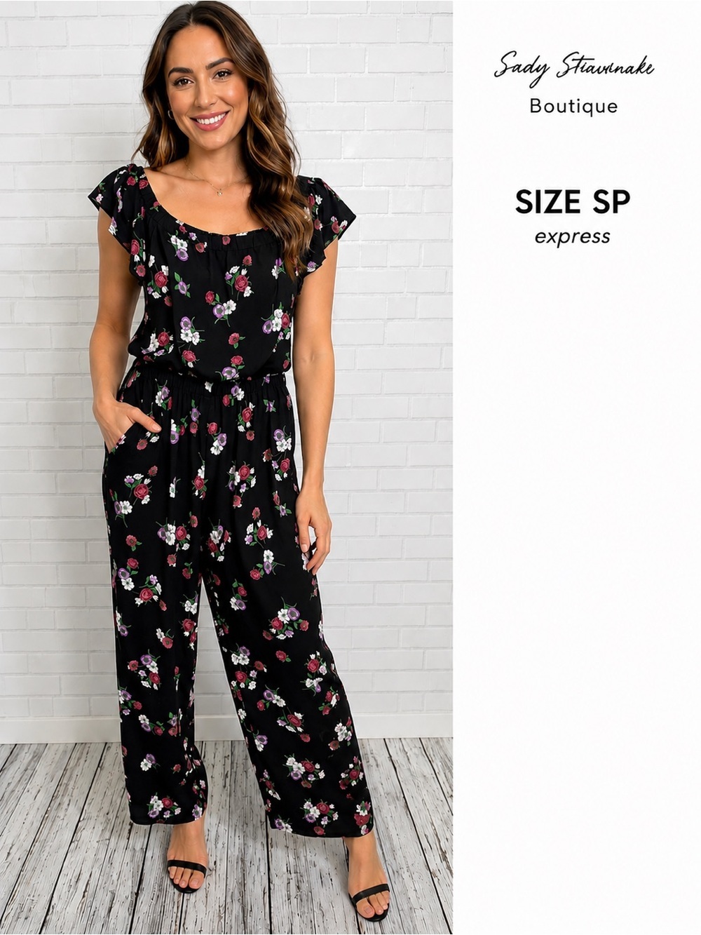 Express Floral Off Shoulder Jumpsuit Size SP Petite Black Pink Romper